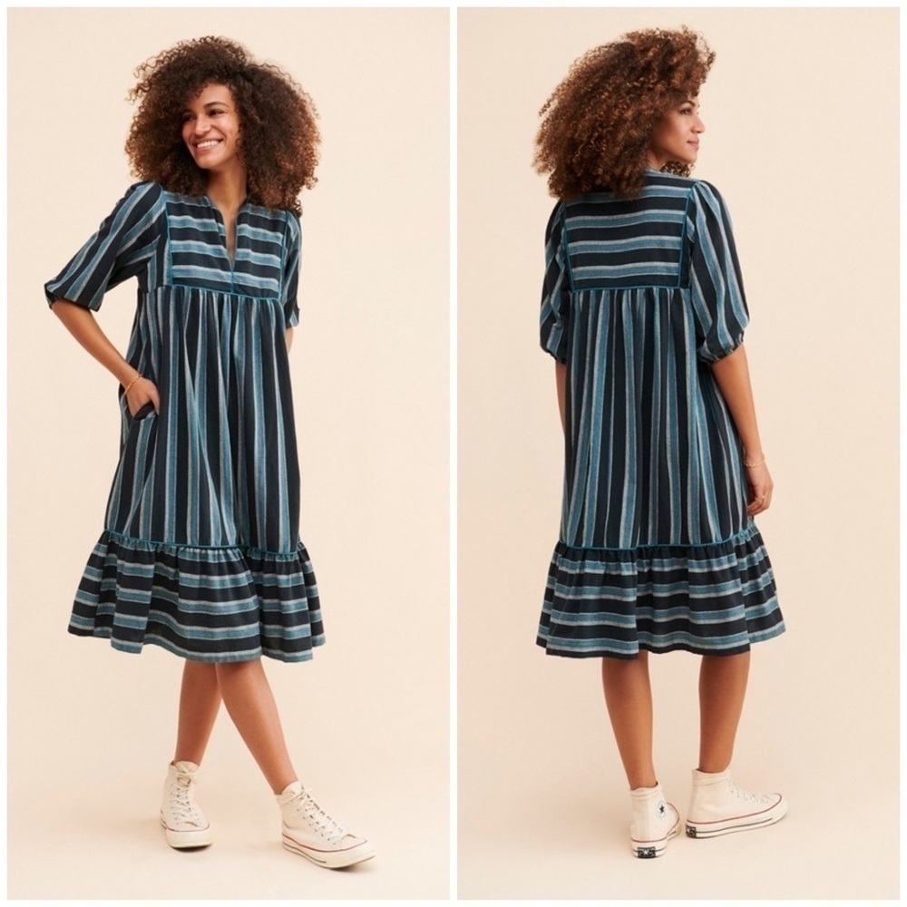 Saint Geraldine Polly Jean Midi Dress Stripes Pockets Flounce Hem Aqua Blue Sz S